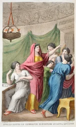 Disfarce de Apolo ou Apollo sotte le Sembianze de Eukinome Inganna Leucotto, Livro IV, ilustração de Metamorfoses de Ovídio, Florença, 1832 (gravura colorida à mão)
